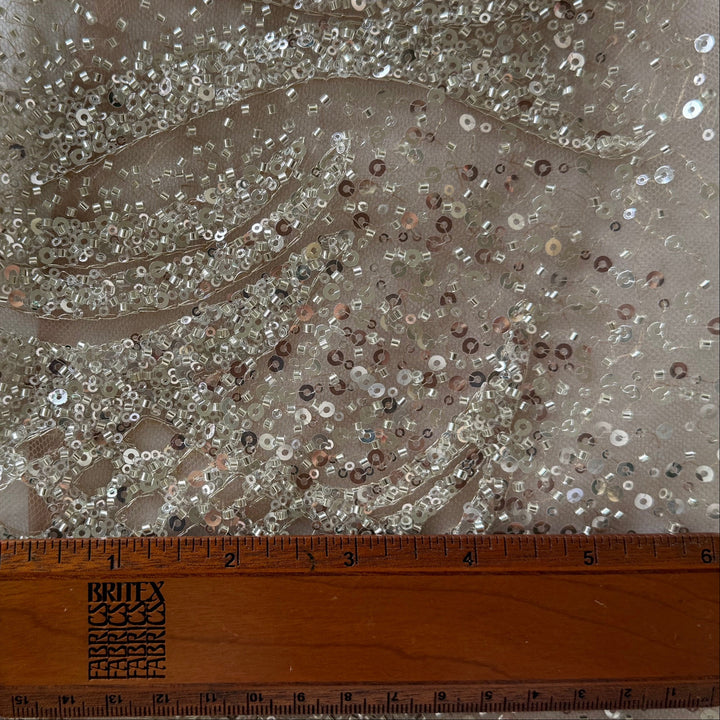 Beaded & Sequined Platinum Swirls on Palest Apricot Mesh (Made in Korea)