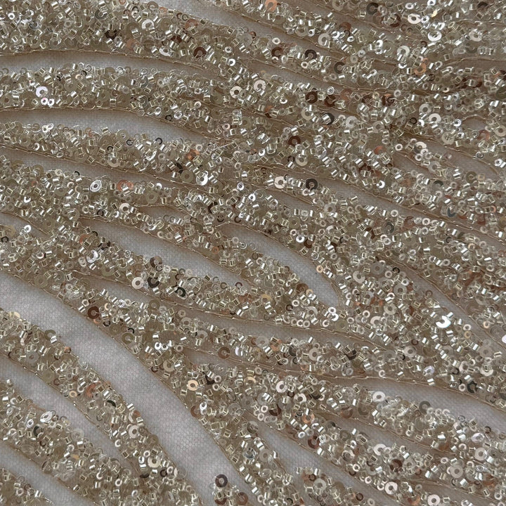 Beaded & Sequined Platinum Swirls on Palest Apricot Mesh (Made in Korea)