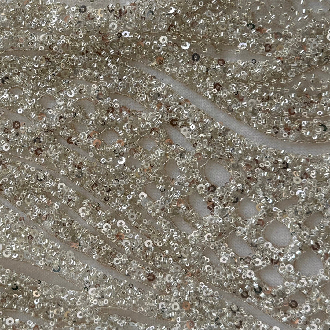Beaded & Sequined Platinum Swirls on Palest Apricot Mesh (Made in Korea)