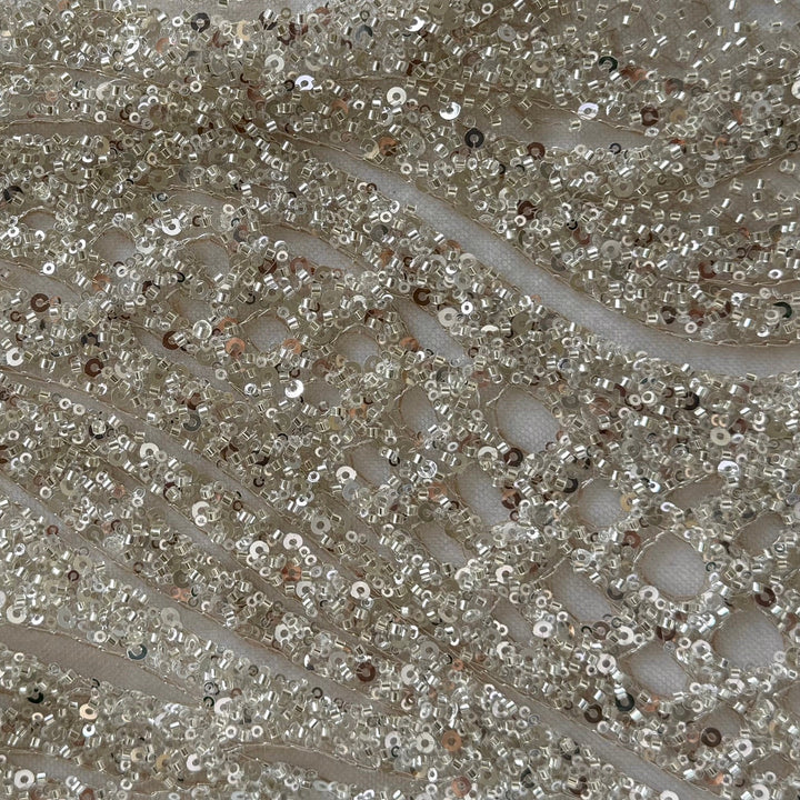 Beaded & Sequined Platinum Swirls on Palest Apricot Mesh (Made in Korea)