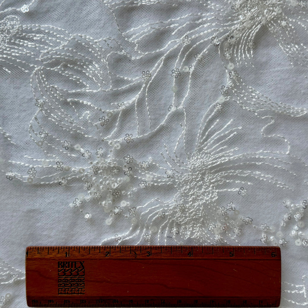 Glamorous White Beaded & Sequined Flowers on light Ivory Mesh (Made in Korea)