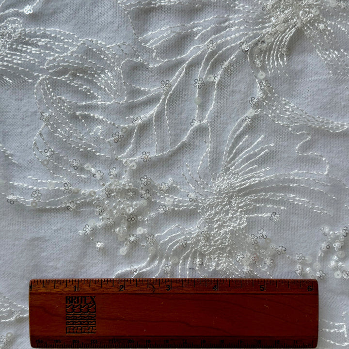 Glamorous White Beaded & Sequined Flowers on light Ivory Mesh (Made in Korea)