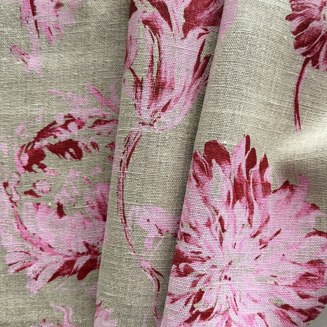 Mid-Weight Peppermint Pink Dahlias & Lilies on Flaxen Linen (Made in Italy)