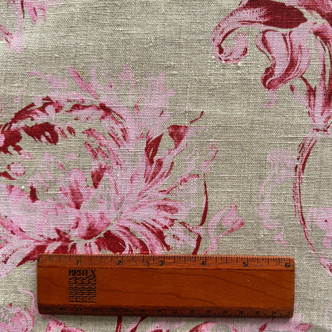 Mid-Weight Peppermint Pink Dahlias & Lilies on Flaxen Linen (Made in Italy)
