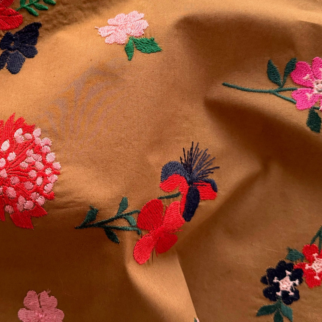 Embroidered Meadow Blossoms on Bronze Cotton Poplin (Made in Italy)
