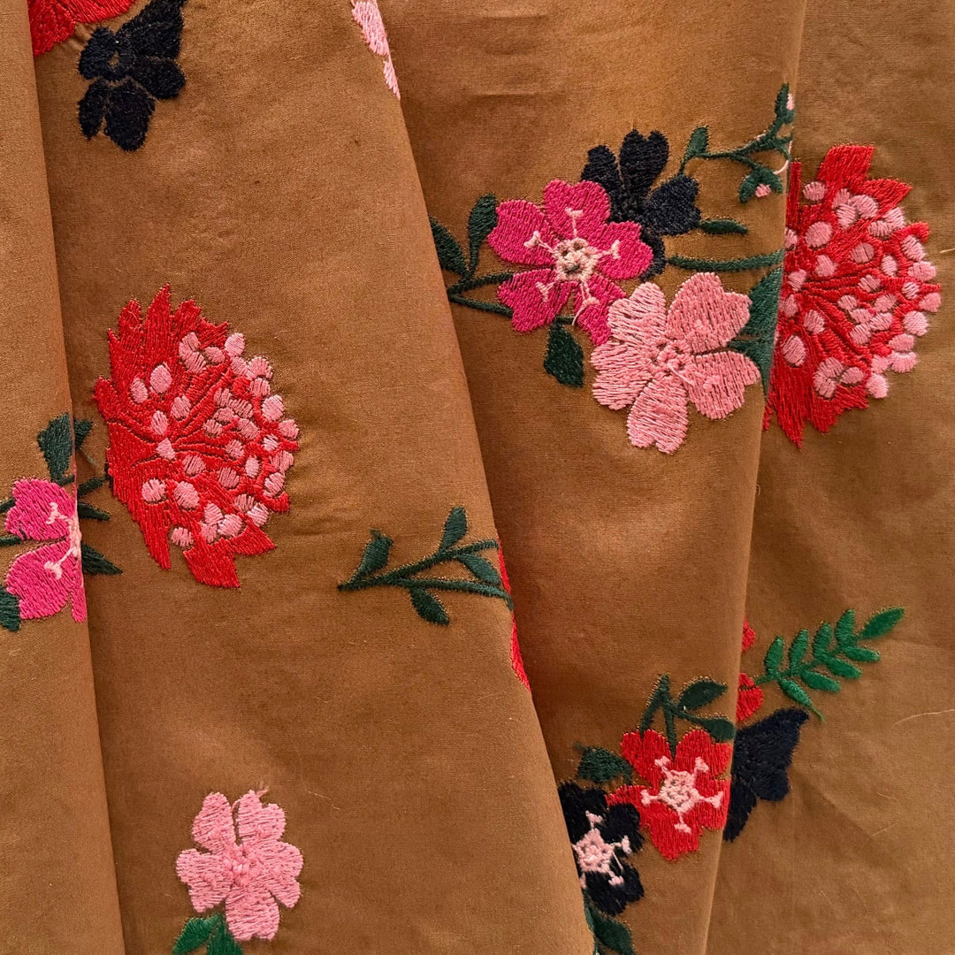 Embroidered Meadow Blossoms on Bronze Cotton Poplin (Made in Italy)