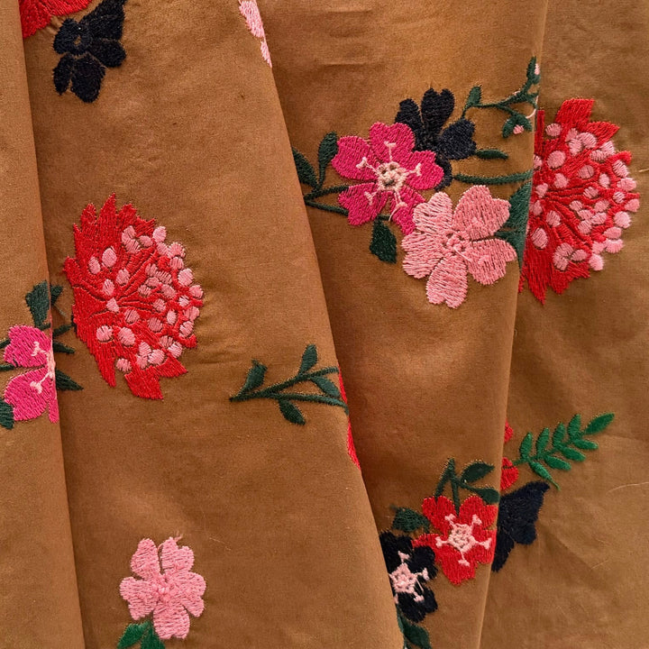 Embroidered Meadow Blossoms on Bronze Cotton Poplin (Made in Italy)