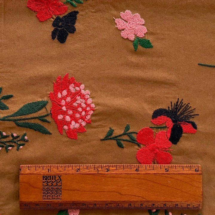 Embroidered Meadow Blossoms on Bronze Cotton Poplin (Made in Italy)