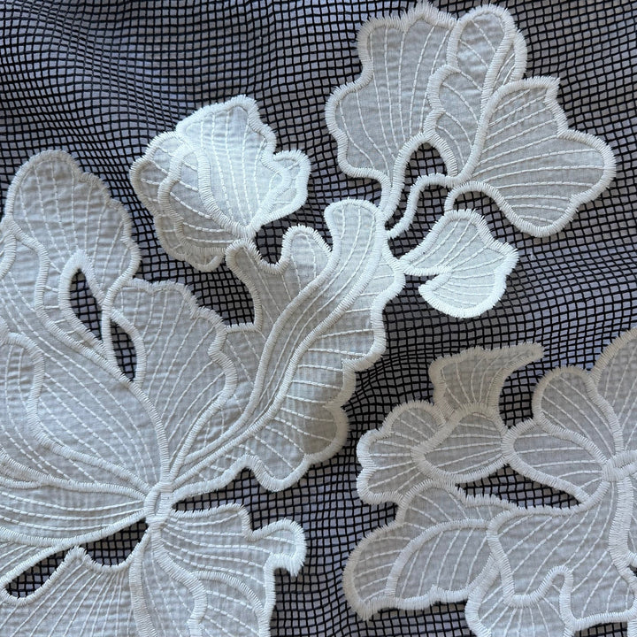 Striking Embroidered Furled Fleurs on Black Polyester Mesh