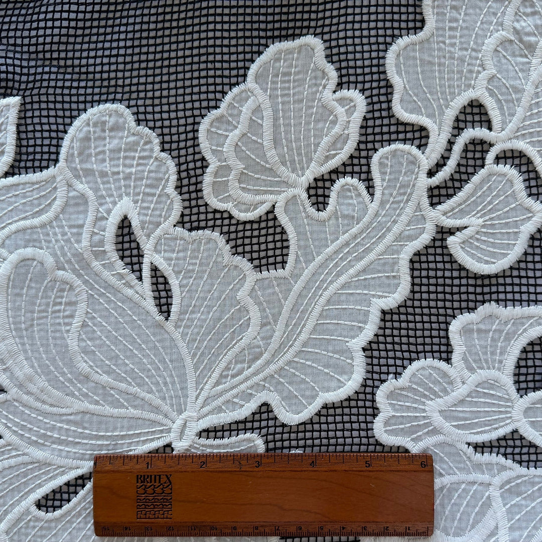 Striking Embroidered Furled Fleurs on Black Polyester Mesh