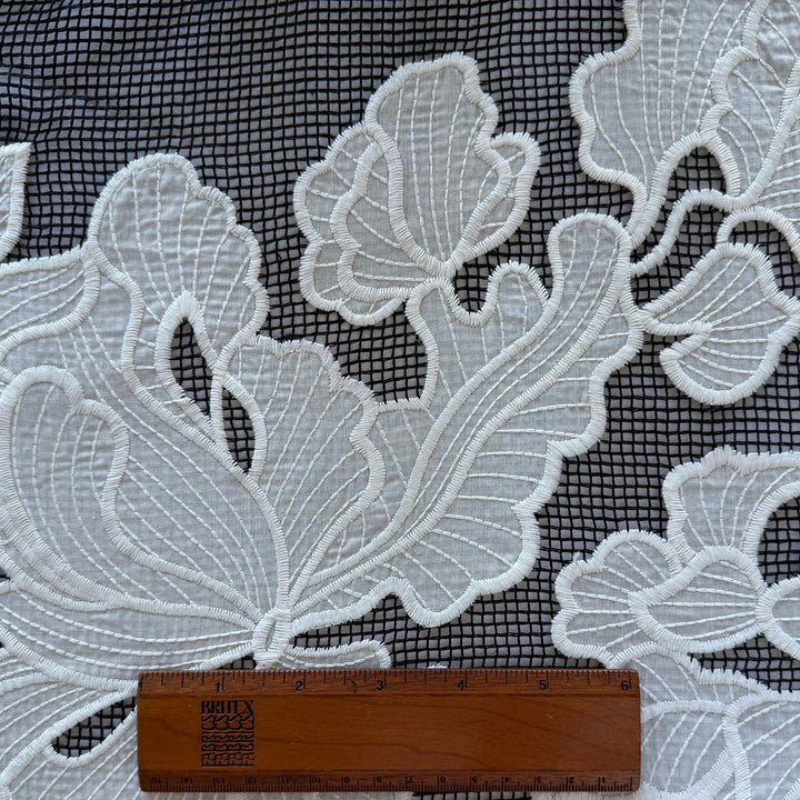 Striking Embroidered Furled Fleurs on Black Polyester Mesh