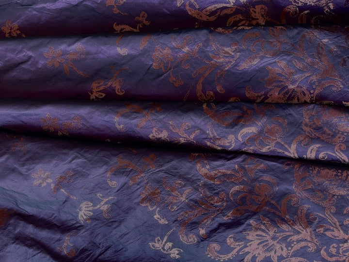 36" Panel - Moody Plum & Copper Metallic Floral Scrolls Polyester Blend Taffeta (Made in Italy)