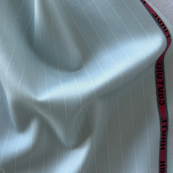 Lighter-Weight Pin-Striped Aqua Mist Selvedged Wool Twill Suiting (Made in Italy)