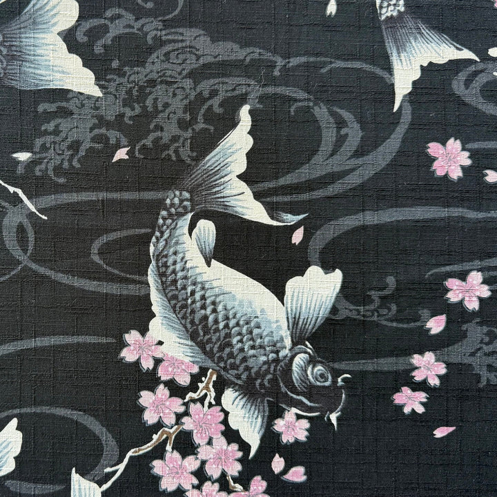 Todoroki Koi & Cherry Blossoms Black Cotton Dobby (Made in Japan)