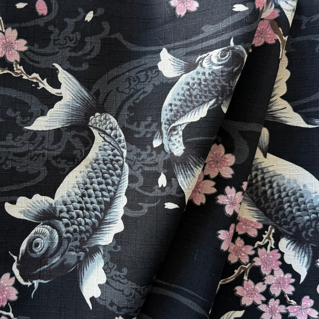 Todoroki Koi & Cherry Blossoms Black Cotton Dobby (Made in Japan)