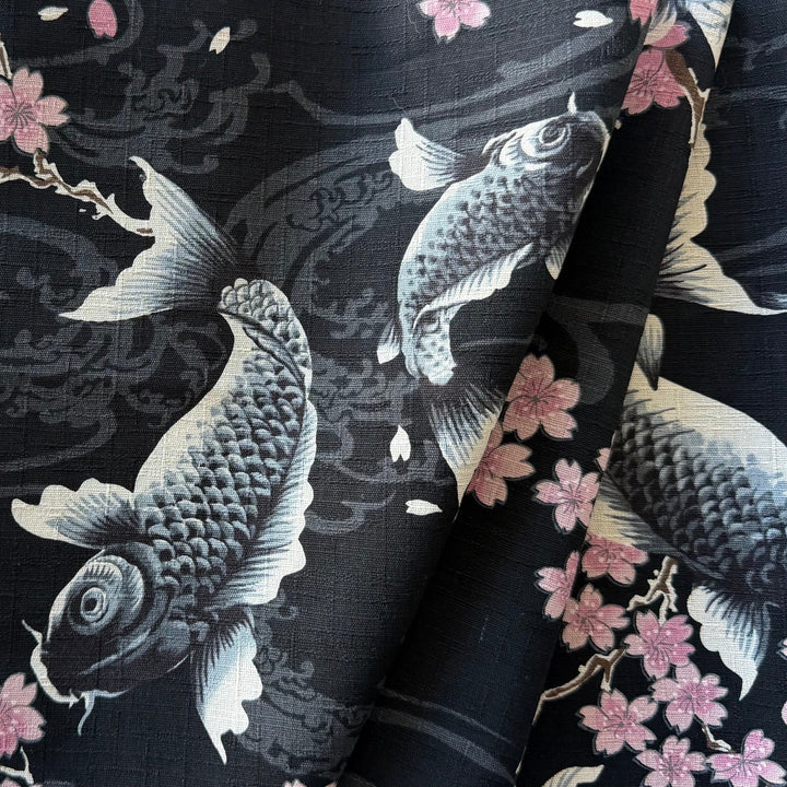 Todoroki Koi & Cherry Blossoms Black Cotton Dobby (Made in Japan)