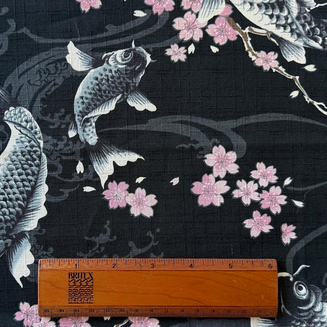 Todoroki Koi & Cherry Blossoms Black Cotton Dobby (Made in Japan)