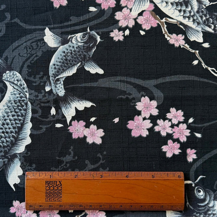 Todoroki Koi & Cherry Blossoms Black Cotton Dobby (Made in Japan)