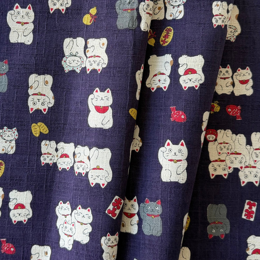 Funny Japan Lucky Cats Plum Cotton Dobby (Made in Japan)