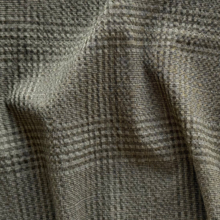 Plaid Antique Patina Charcoal Stretch Wool Seersucker (Made in Italy)