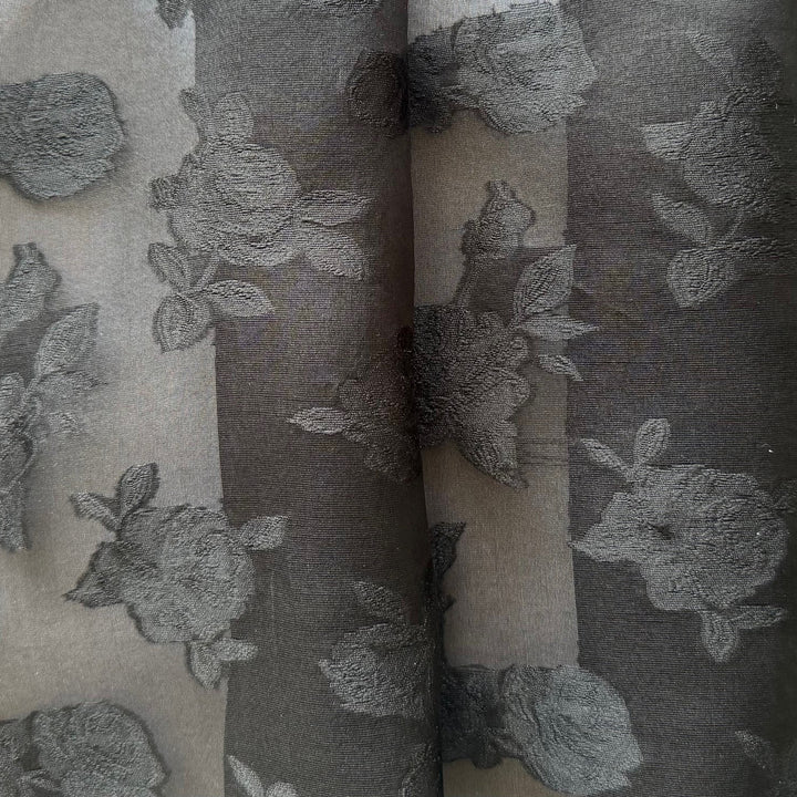 Semi-Sheer Soft Black Roses Silk Jacquard Faconné Organza (Made in Italy)