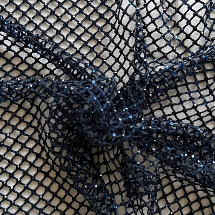 Clear Rhinestones on Airy Navy Polyester Mesh (Made in Korea)