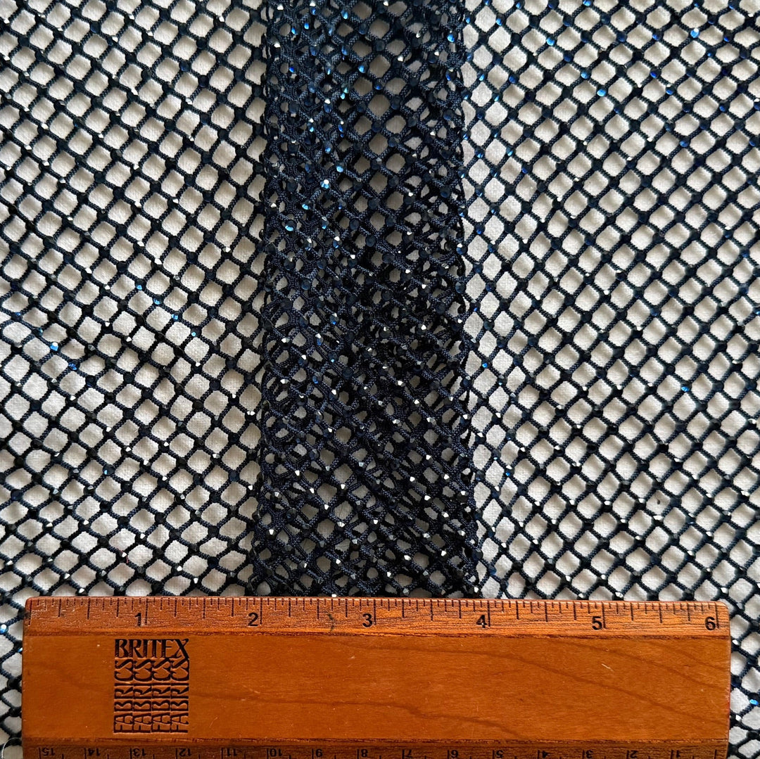 Clear Rhinestones on Airy Navy Polyester Mesh (Made in Korea)