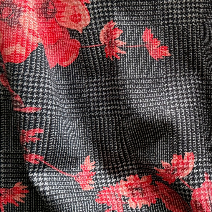 Mid-Weight Coral Roses on Glen Plaid Stretch Cotton (Made in Italy)