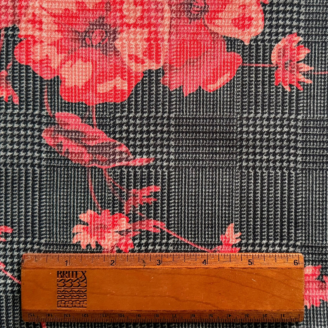 Mid-Weight Coral Roses on Glen Plaid Stretch Cotton (Made in Italy)