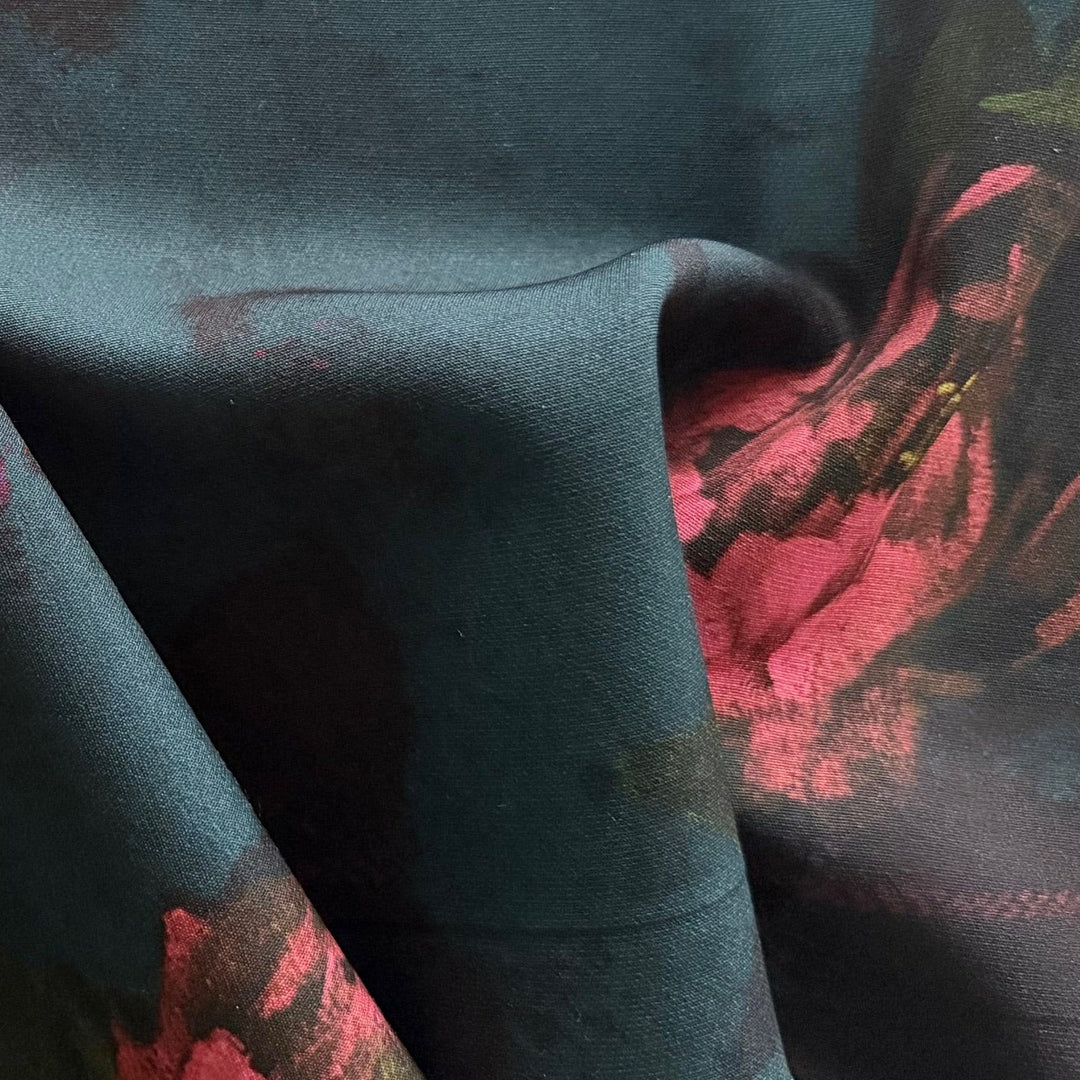 Mid-Weight Romantic Peonies on Midnight Teal Stretch Polyester (Made in Italy)