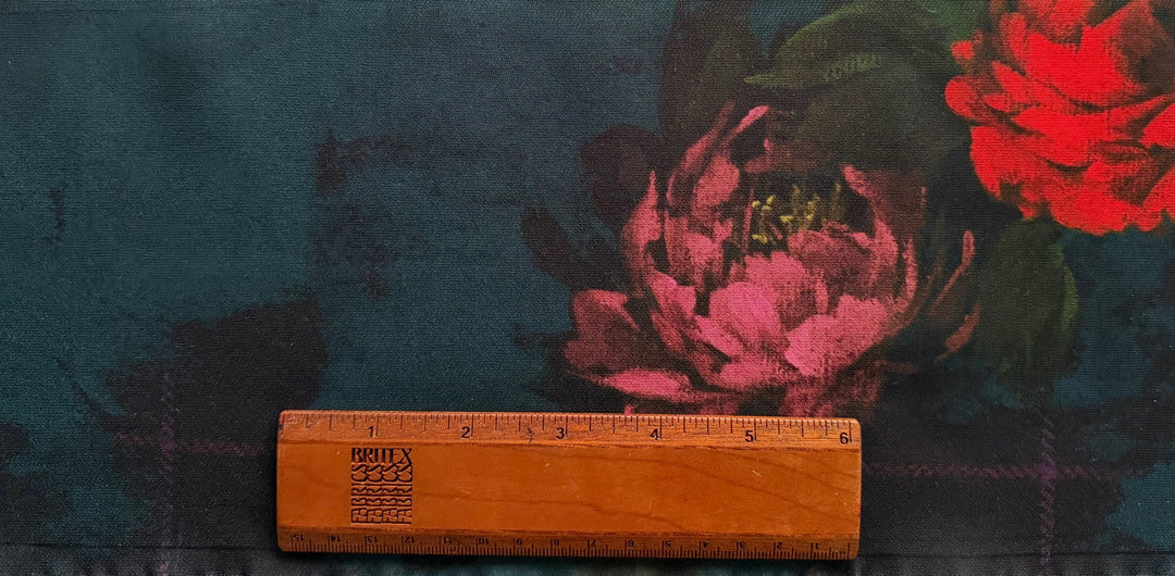 Mid-Weight Romantic Peonies on Midnight Teal Stretch Polyester (Made in Italy)