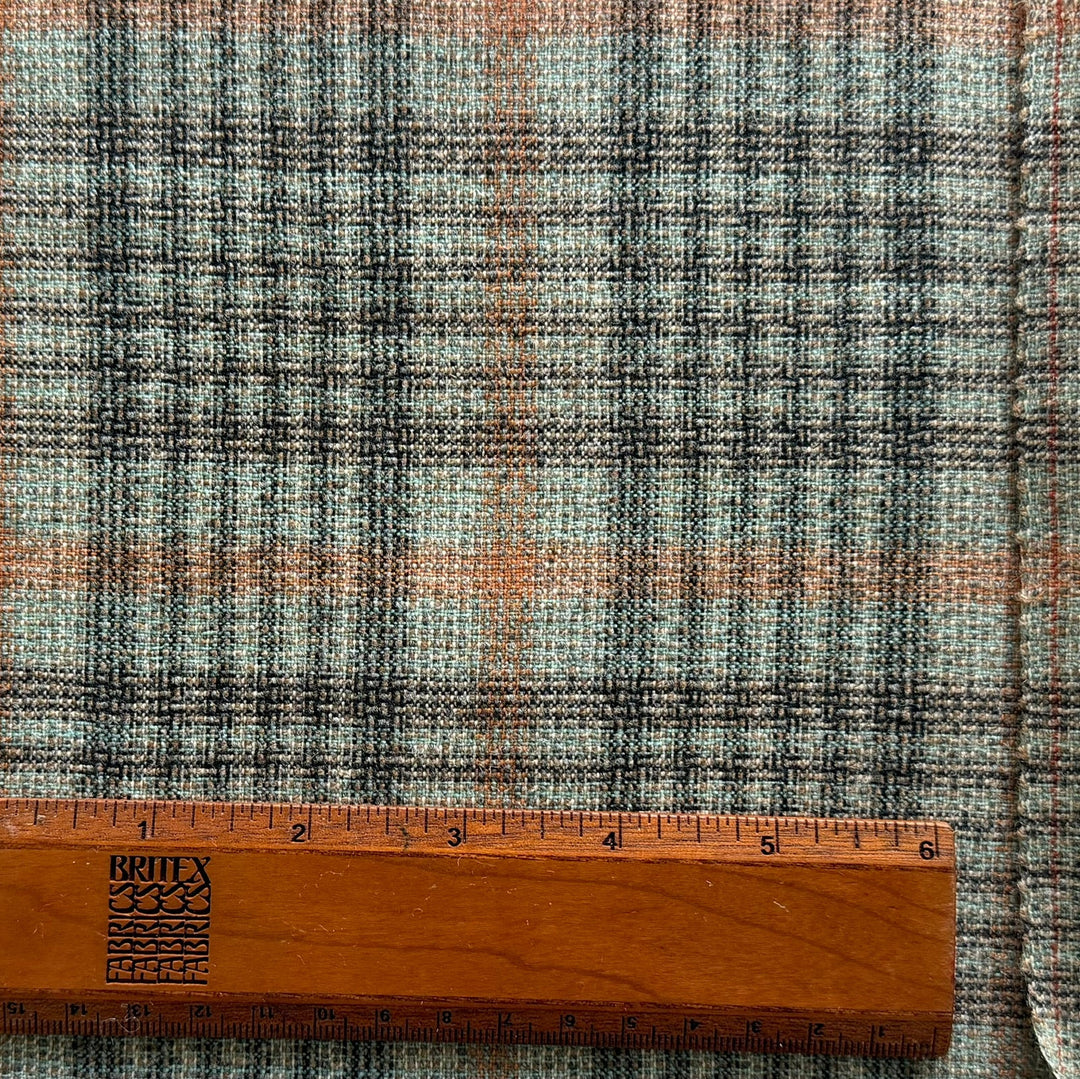 Mid-Weight Muted Mint & Terra Cotta Plaid Textured Woolen (Made in Italy)