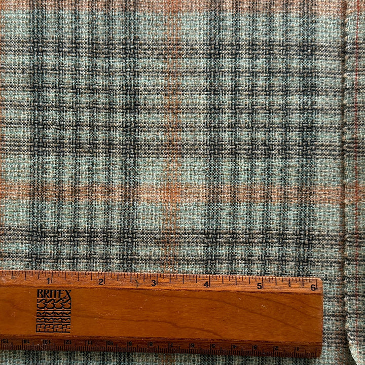 Mid-Weight Muted Mint & Terra Cotta Plaid Textured Woolen (Made in Italy)