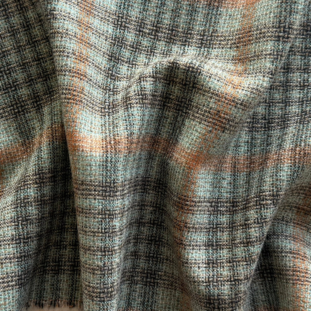 Mid-Weight Muted Mint & Terra Cotta Plaid Textured Woolen (Made in Italy)
