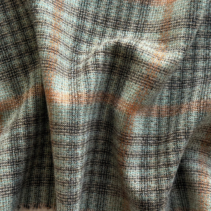 Mid-Weight Muted Mint & Terra Cotta Plaid Textured Woolen (Made in Italy)