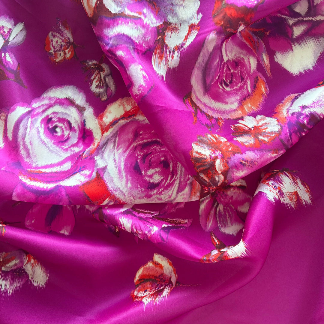 63" Panel - Luigi Verga Magenta Roses Crisp Silk Organza  (Made in Italy)