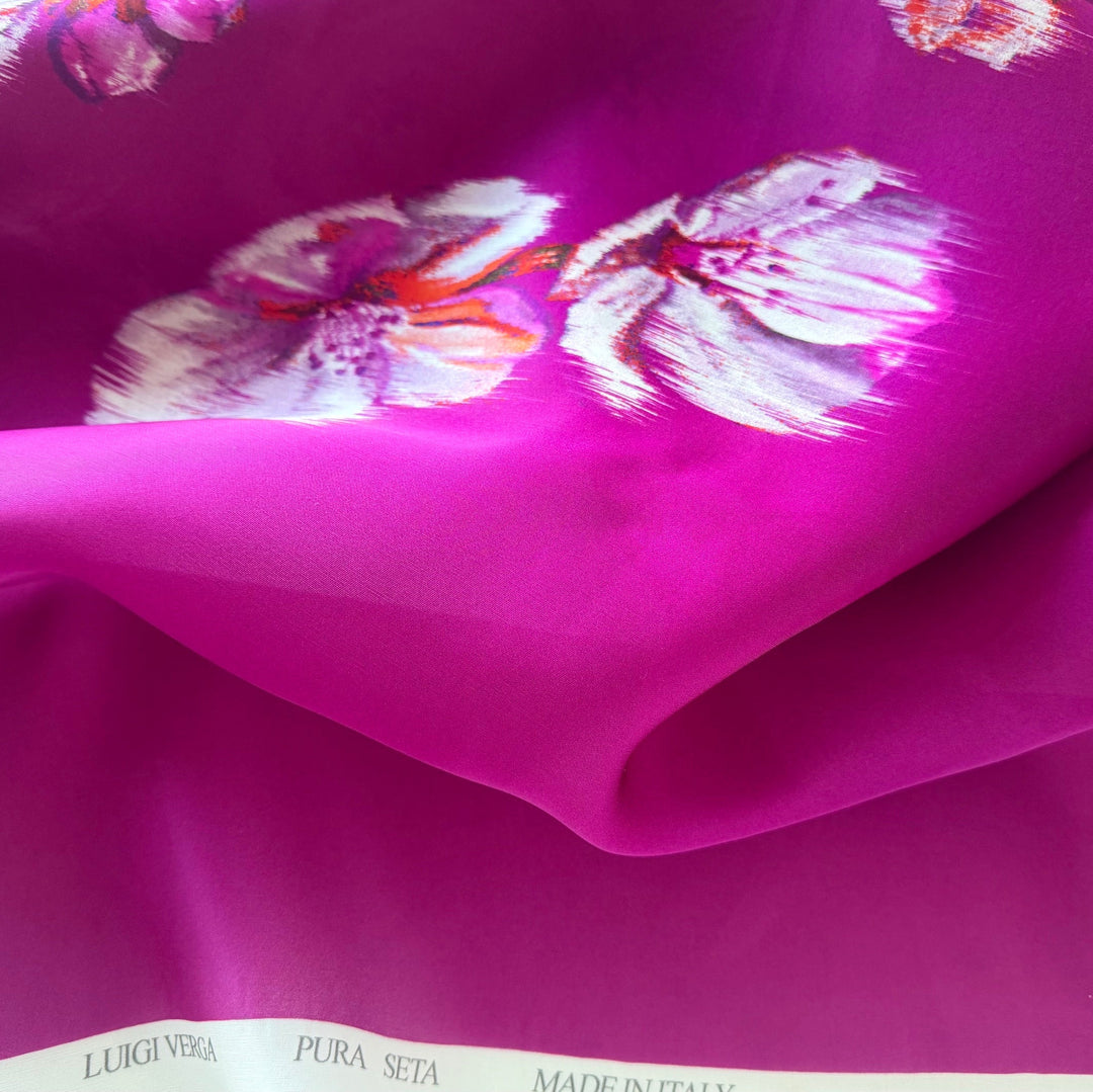 63" Panel - Luigi Verga Magenta Roses Crisp Silk Organza  (Made in Italy)