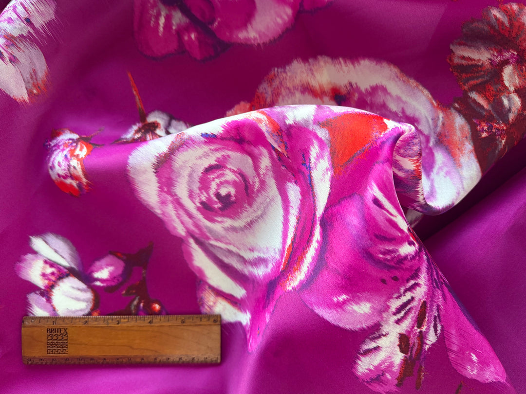 63" Panel - Luigi Verga Magenta Roses Crisp Silk Organza  (Made in Italy)