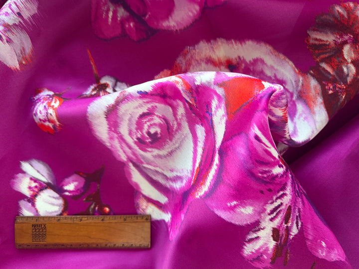 63" Panel - Luigi Verga Magenta Roses Crisp Silk Organza  (Made in Italy)