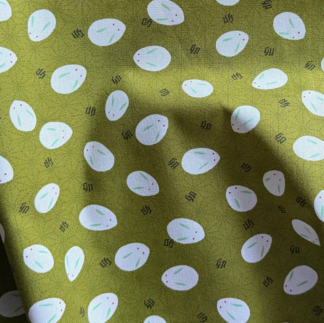 Slipper Bunnies on Limade Moss Green Quilting Cotton (Made in Japan)