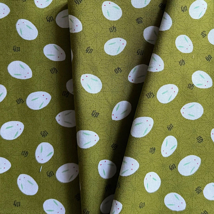 Slipper Bunnies on Limade Moss Green Quilting Cotton (Made in Japan)