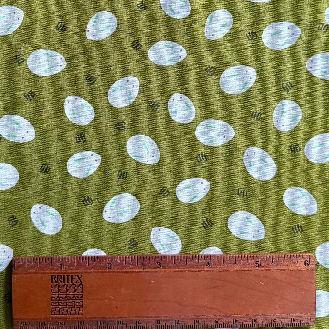 Slipper Bunnies on Limade Moss Green Quilting Cotton (Made in Japan)