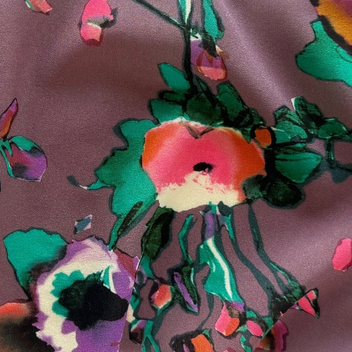 Semi-Sheer 1930s Floral Muted Sunset Purple Stretch Silk Crepe de Chine (Made in Italy)