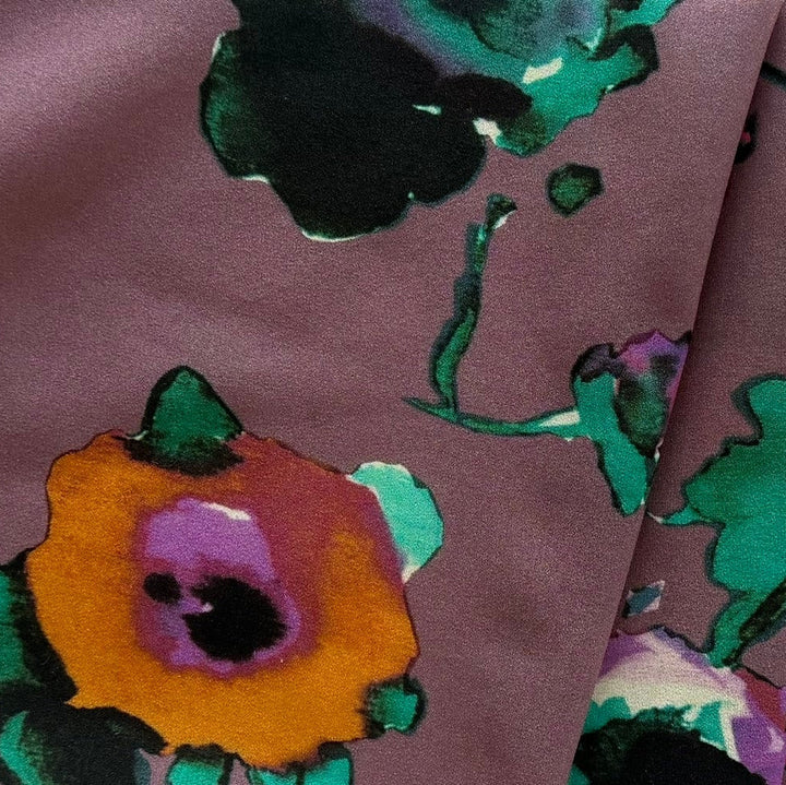 Semi-Sheer 1930s Floral Muted Sunset Purple Stretch Silk Crepe de Chine (Made in Italy)