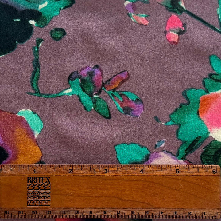 Semi-Sheer 1930s Floral Muted Sunset Purple Stretch Silk Crepe de Chine (Made in Italy)