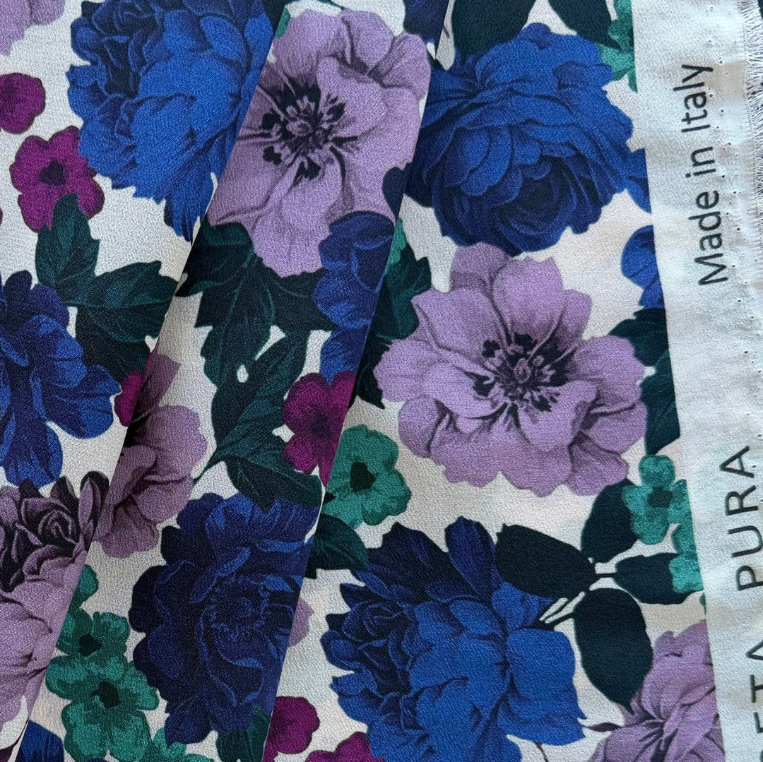 Zimmermann Luxurious Amethyst, Teal & Royal Blue Blooms Silk Crepe de Chine (Made in Italy)