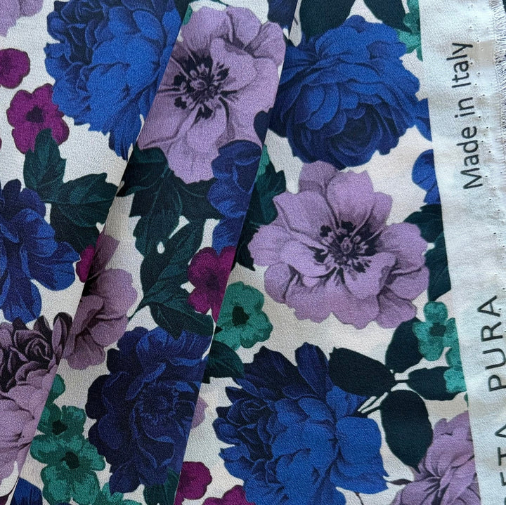 Zimmermann Luxurious Amethyst, Teal & Royal Blue Blooms Silk Crepe de Chine (Made in Italy)