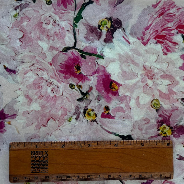 Double Border - Romantic Rosy Floral Melange Silk Satin Charmeuse (Made in Italy)
