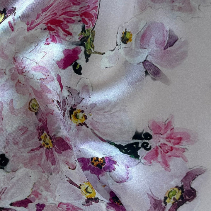 Double Border - Romantic Rosy Floral Melange Silk Satin Charmeuse (Made in Italy)