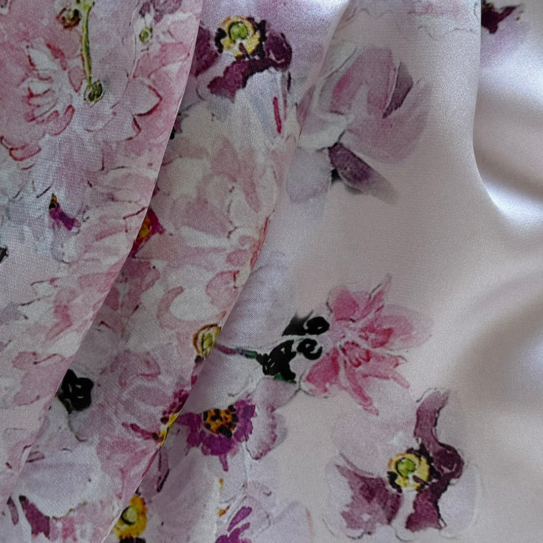 Double Border - Romantic Rosy Floral Melange Silk Satin Charmeuse (Made in Italy)
